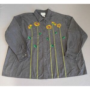 The QUACKER FACTORY Women's  Dark Gray Shirt Sunflower Button Up 2X Summer/Fall